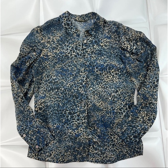 Kobi Halpertin Womens Sz XS 100% Silk Blue Black Leopard Print Button Up Blouse - Picture 5 of 9